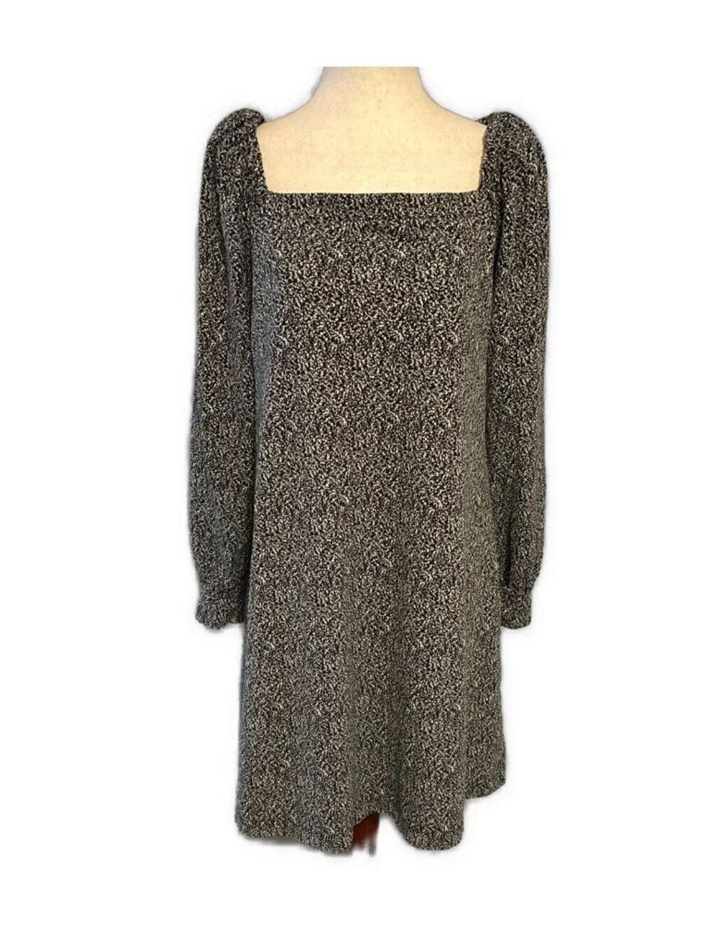 Ann Taylor LOFT Black White Speckled Knit Mini Dress Medium 3/4 Puff Sleeve